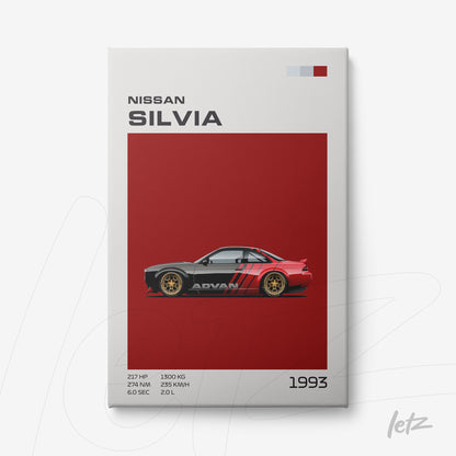 canvas print featuring minimalist artwork of the 1993 Nissan Silvia on a red background