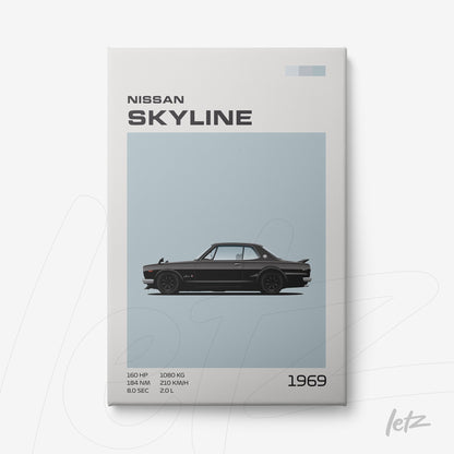 framed wall art featuring a 1969 Nissan Skyline illustration on a light blue background