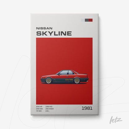 canvas art featuring a Nissan Skyline car illustration from 1981 on a vibrant red background
