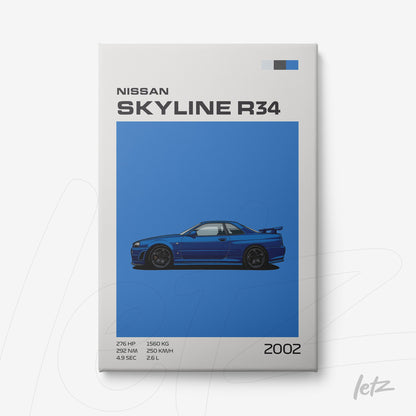 digital art print of Nissan Skyline R34 car on vibrant blue background
