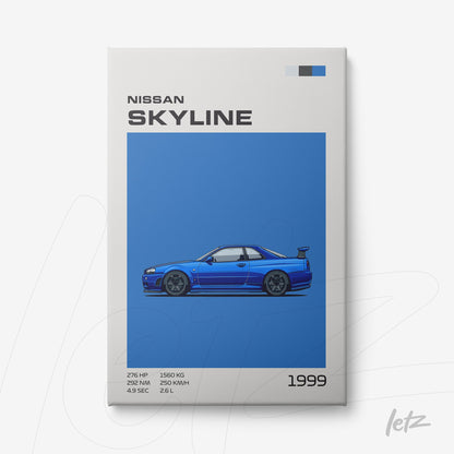 digital artwork of 1999 Nissan Skyline sports car on blue background with modern typography