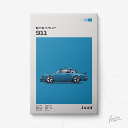 canvas print of a blue 1988 Porsche 911 with a vibrant blue background and vehicle specifications