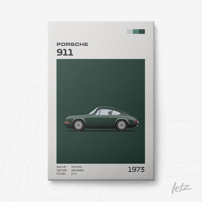 canvas art of a 1973 Porsche 911 in dark green background with white details