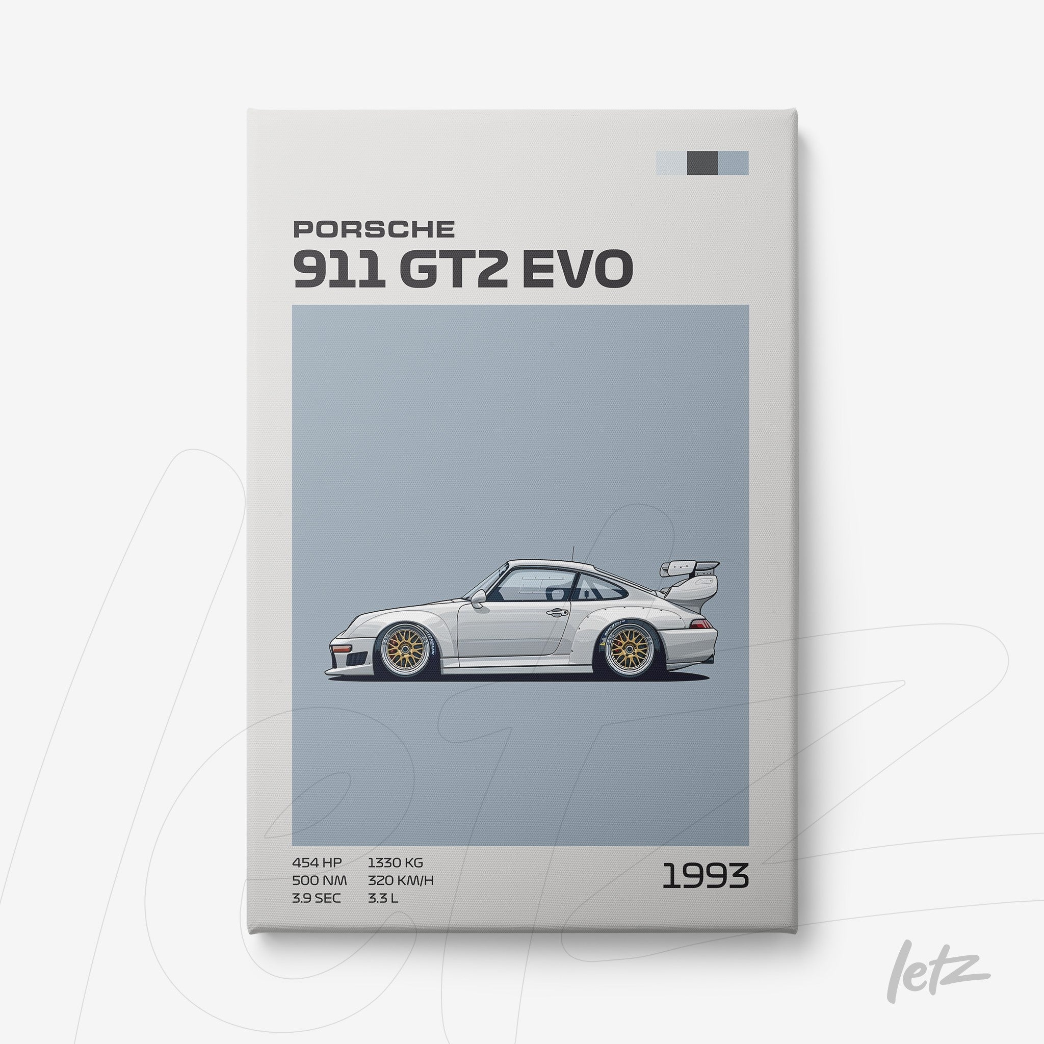 framed artwork featuring a minimalist illustration of the Porsche 911 GT2 EVO sports car on a light blue background