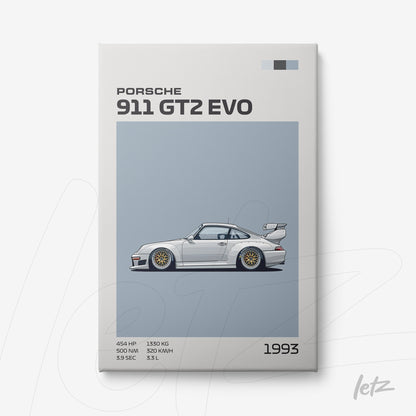 framed artwork featuring a minimalist illustration of the Porsche 911 GT2 EVO sports car on a light blue background