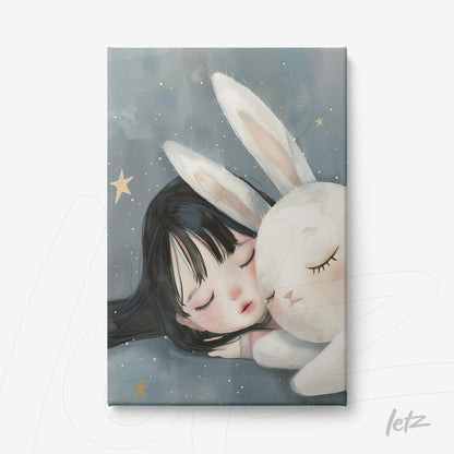 canvas print featuring a soft illustration of a sleeping girl next to a white bunny, set against a blue background with golden stars