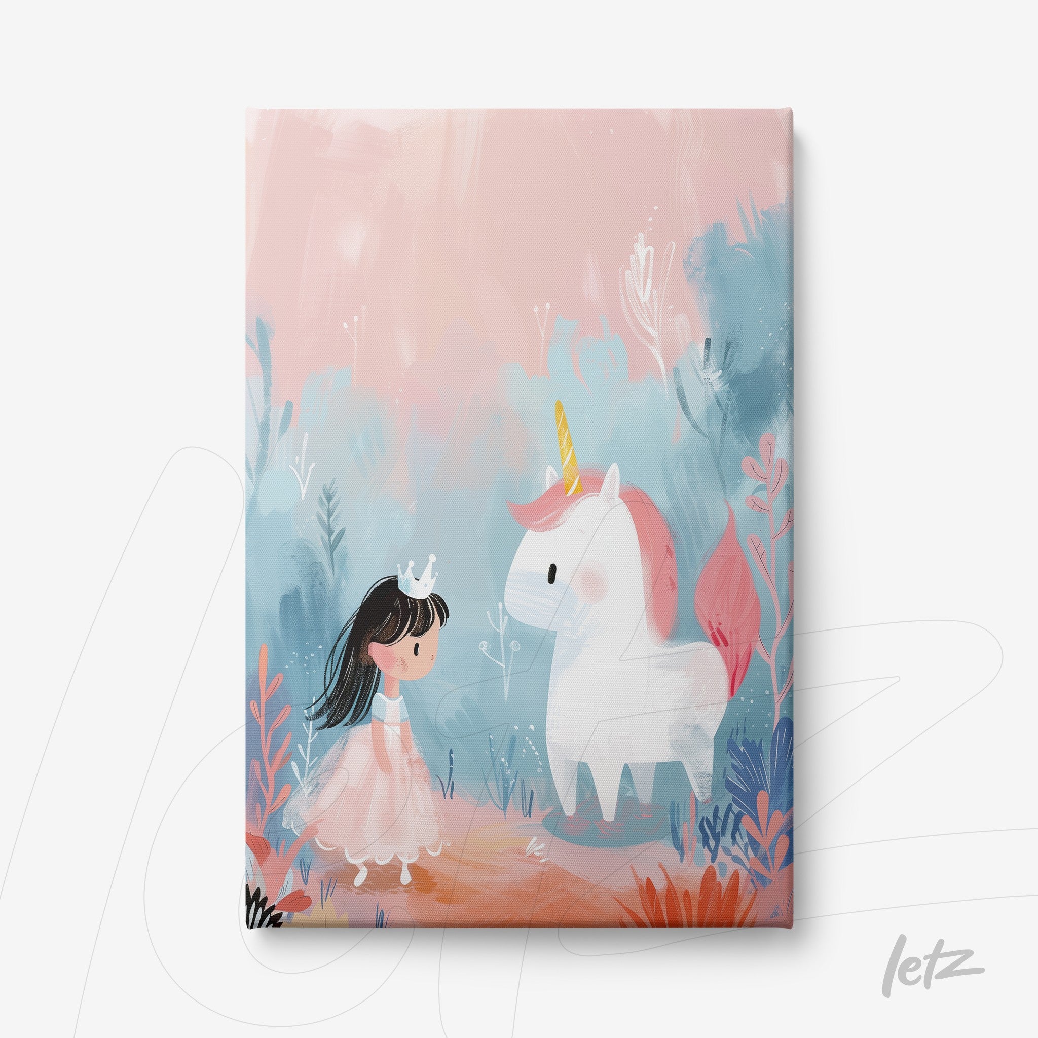 canvas print featuring a whimsical illustration of a girl in a pink dress with a unicorn against a pastel background