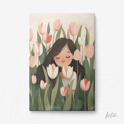 canvas print featuring an illustration of a woman smelling flowers in a field of colorful tulips