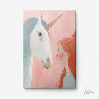 canvas print featuring an illustration of a girl and a unicorn against a soft pink background