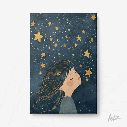 canvas print featuring a whimsical illustration of a girl dreaming under a starry night sky with blue background