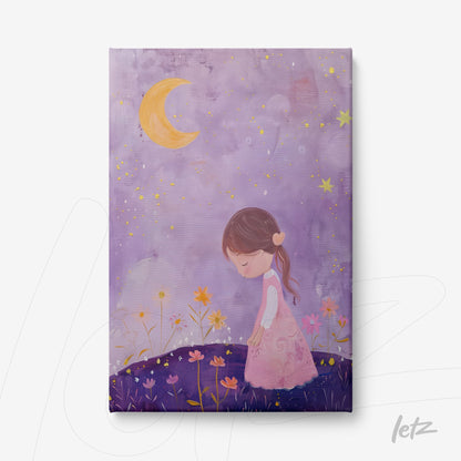 canvas artwork featuring a little girl in a pink dress standing in a flower field under a crescent moon and purple sky