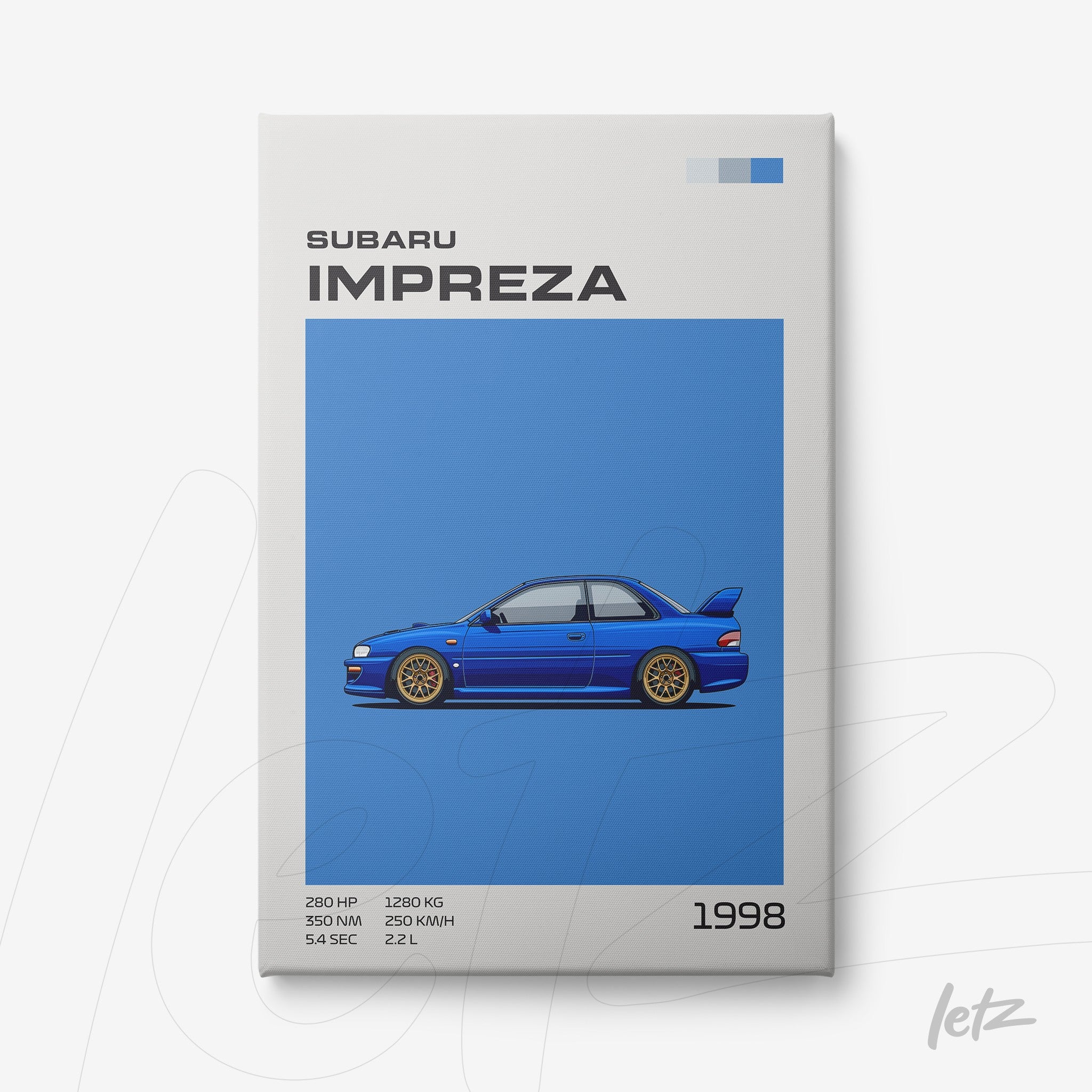 framed digital art of a 1998 Subaru Impreza on a vibrant blue background with white frame
