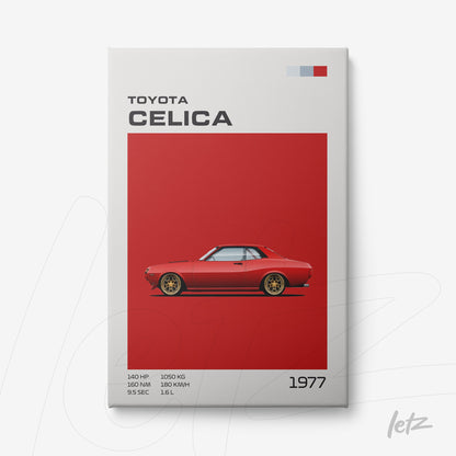 framed poster featuring minimalist illustration of 1977 Toyota Celica on red background