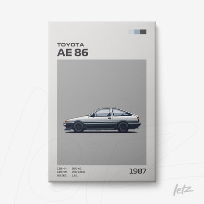 minimalist wall art of Toyota AE 86 car illustration on gray background