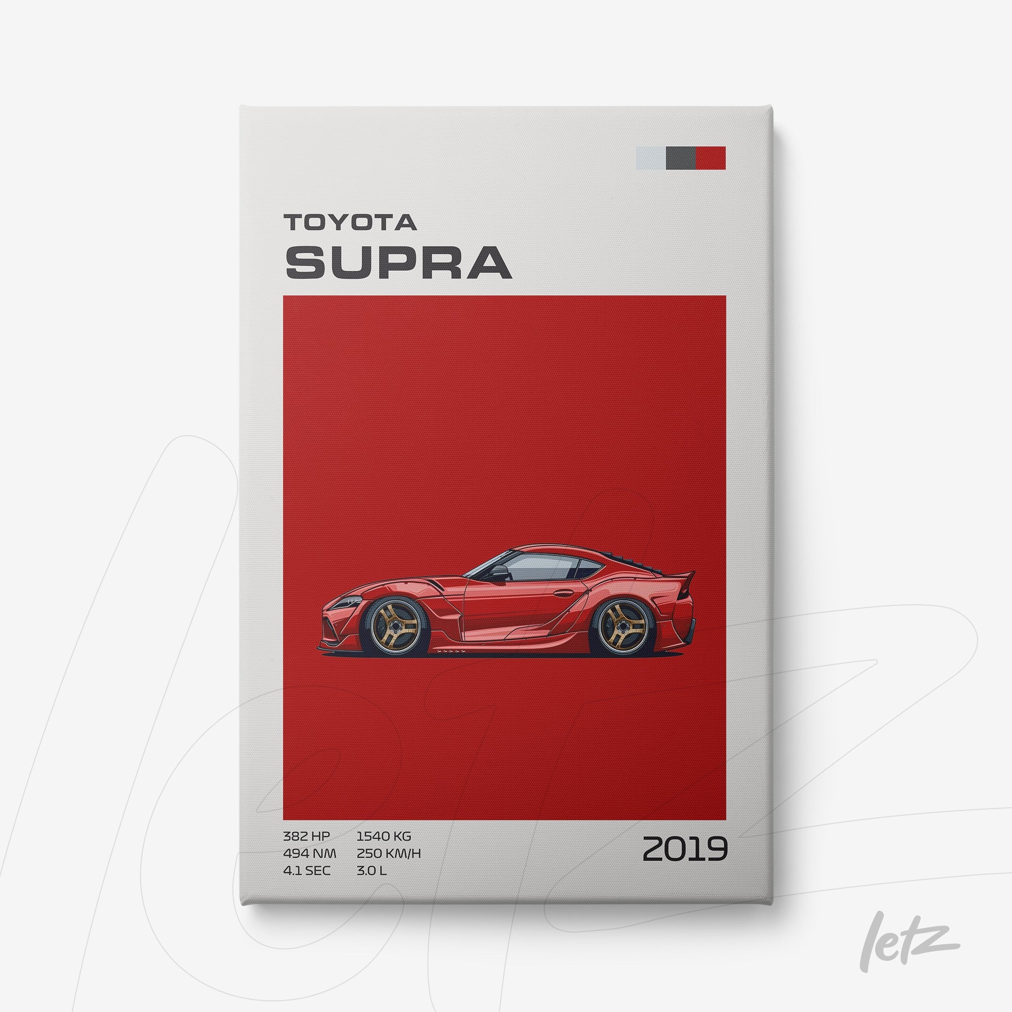 framed wall art of 2019 toyota supra on red background featuring technical details
