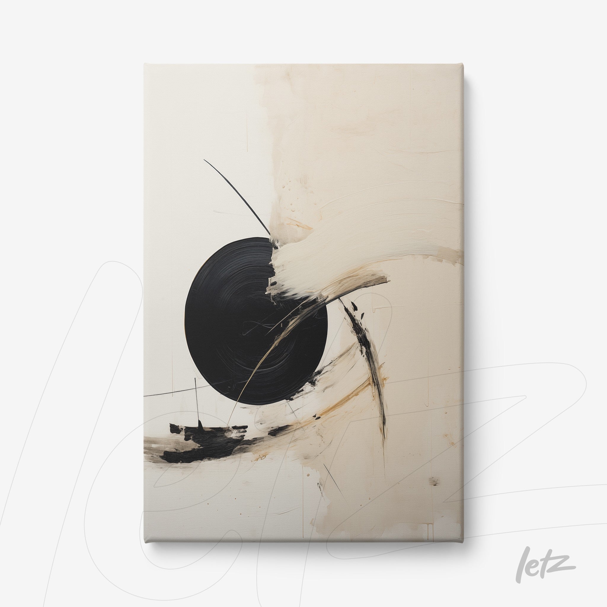 canvas art featuring abstract design in light tones with a large black circle at the center