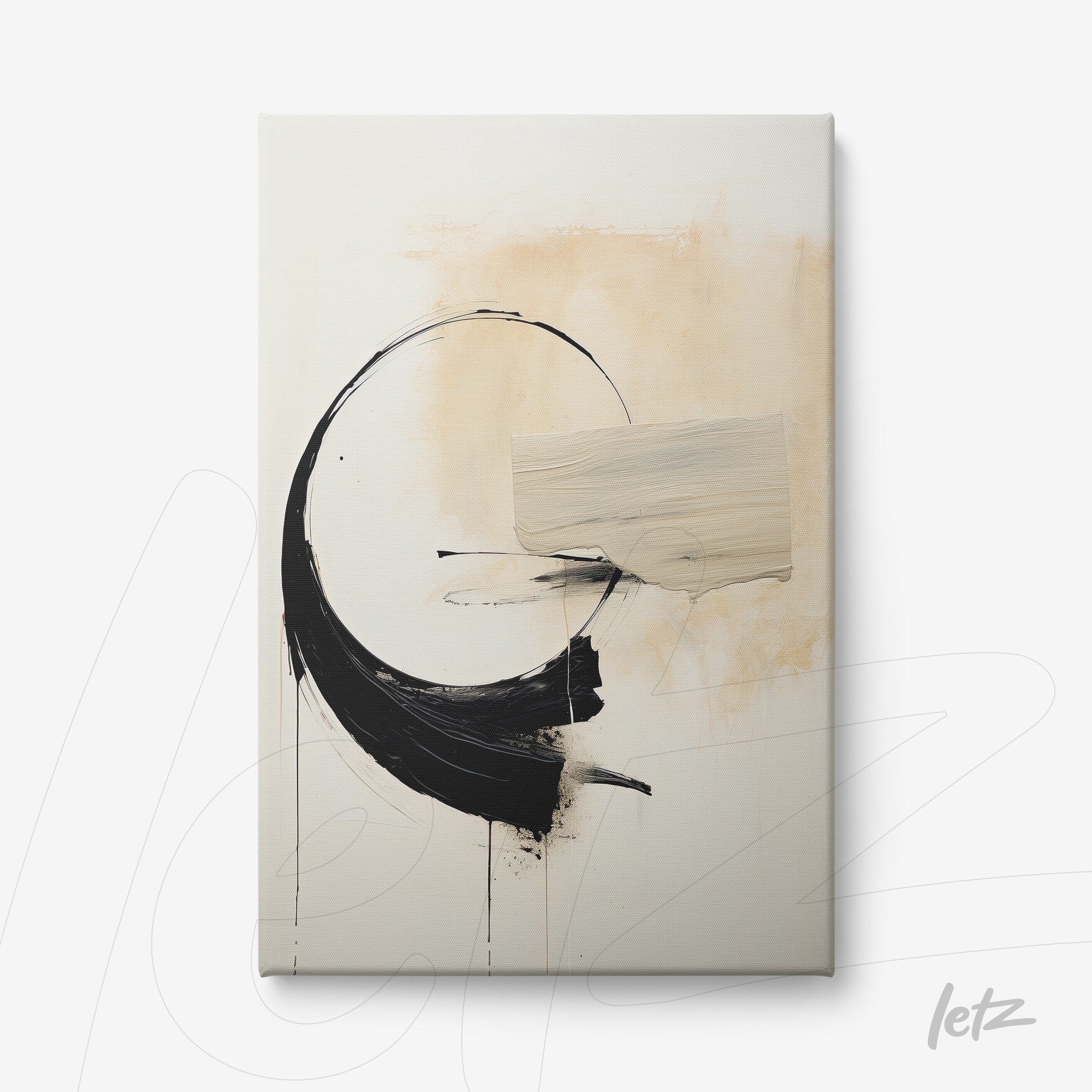 canvas artwork featuring abstract black and beige design with circular shapes and loose brush strokes