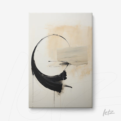 canvas artwork featuring abstract black and beige design with circular shapes and loose brush strokes