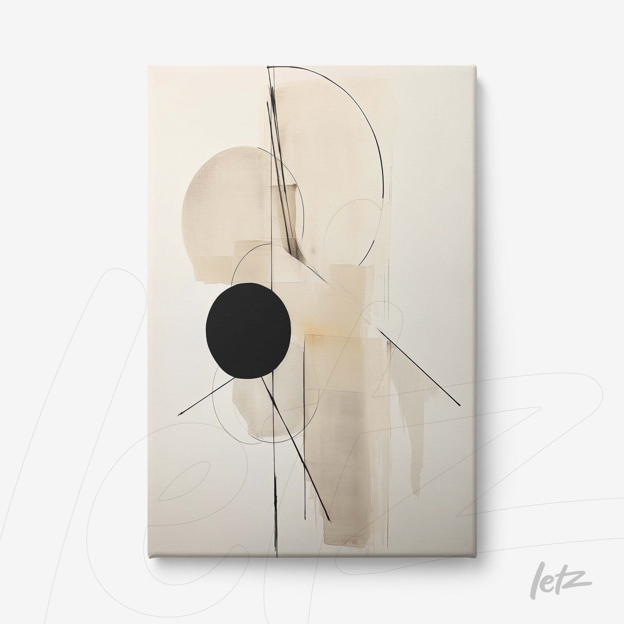 canvas artwork featuring abstract design in neutral tones with a large black circular shape at the center