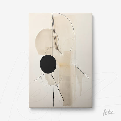 canvas artwork featuring abstract design in neutral tones with a large black circular shape at the center