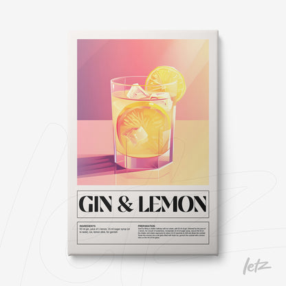 framed artwork of gin and lemon cocktail with colorful background