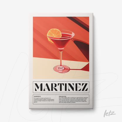 framed artwork of martinez cocktail with red and orange background featuring ingredient and preparation text in white frame