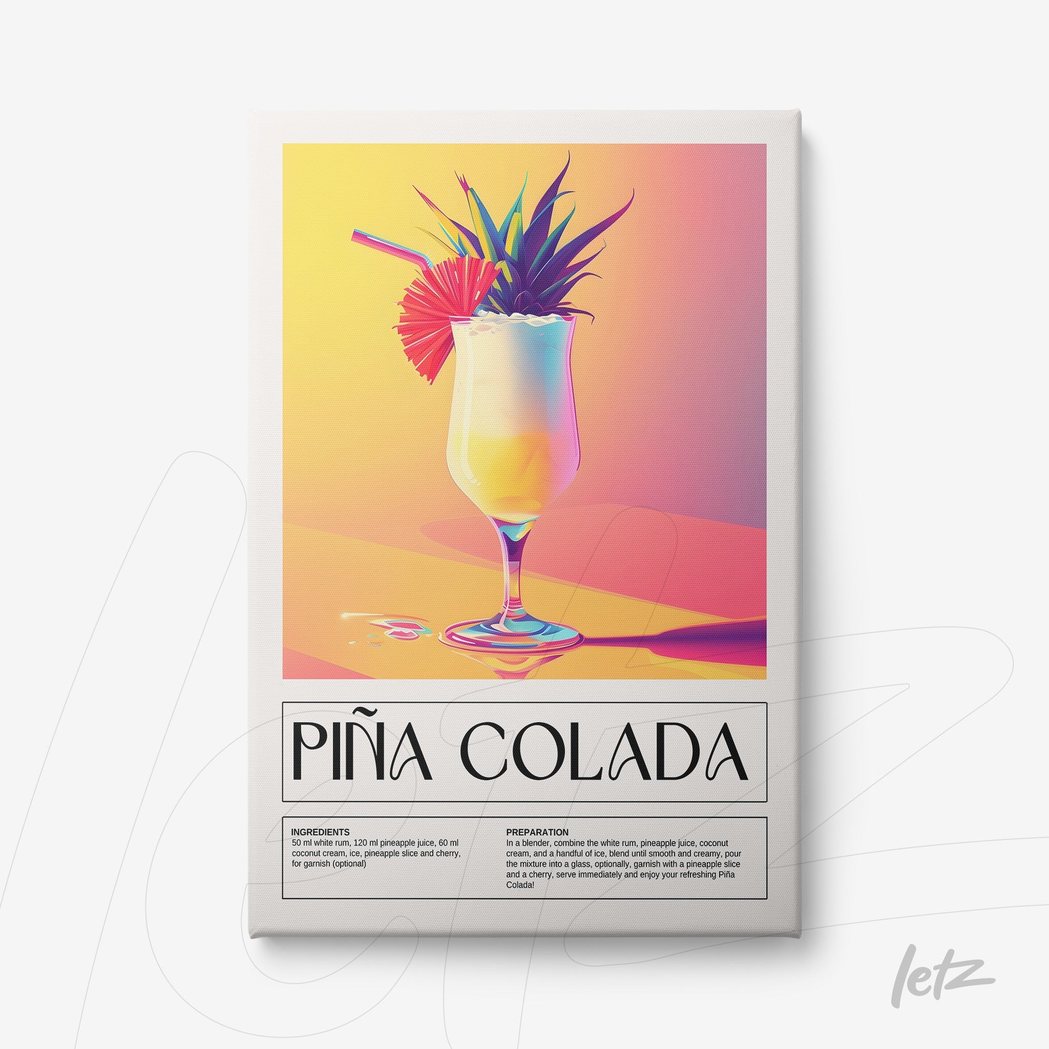 colorful digital art print of piña colada in a glass with pineapple and umbrella on gradient background