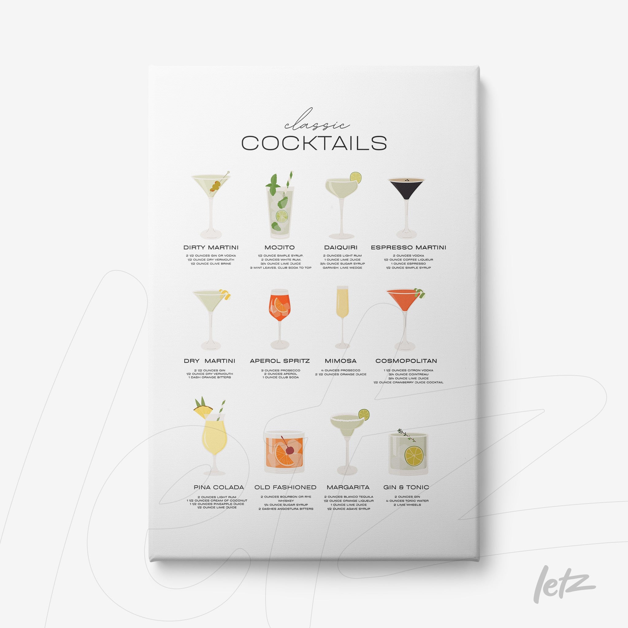 framed wall art featuring illustrations of classic cocktails on a light background, including drinks like martini, mojito, and cosmopolitan