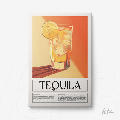 retro style framed art of tequila drink with lemon slice against orange background