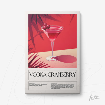 graphic art print of vodka cranberry cocktail on vibrant red background