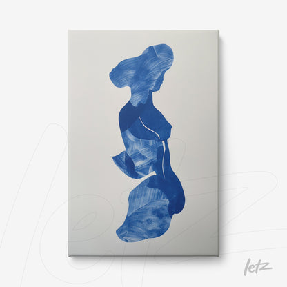 canvas artwork depicting an abstract silhouette of a woman in blue tones against a light background