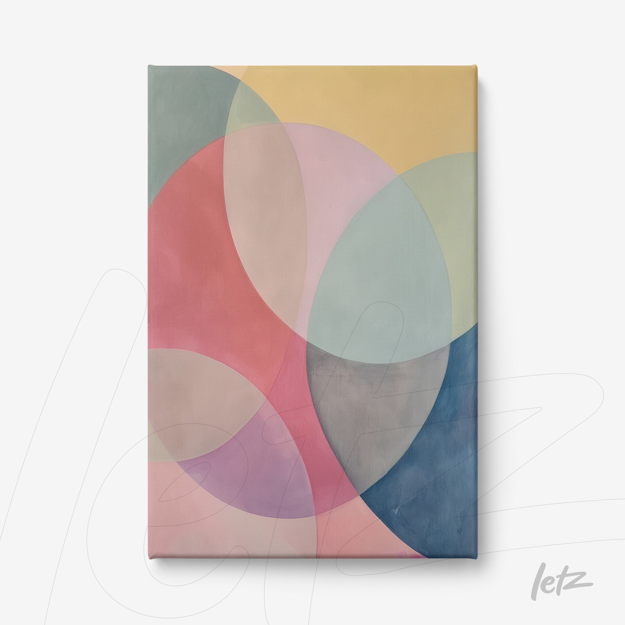canvas wall art featuring a composition of overlapping circles in soft shades of pink, blue, and yellow