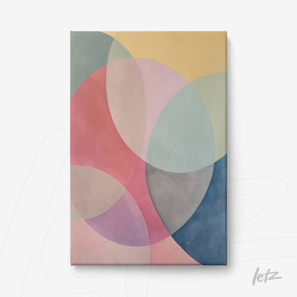 canvas wall art featuring a composition of overlapping circles in soft shades of pink, blue, and yellow