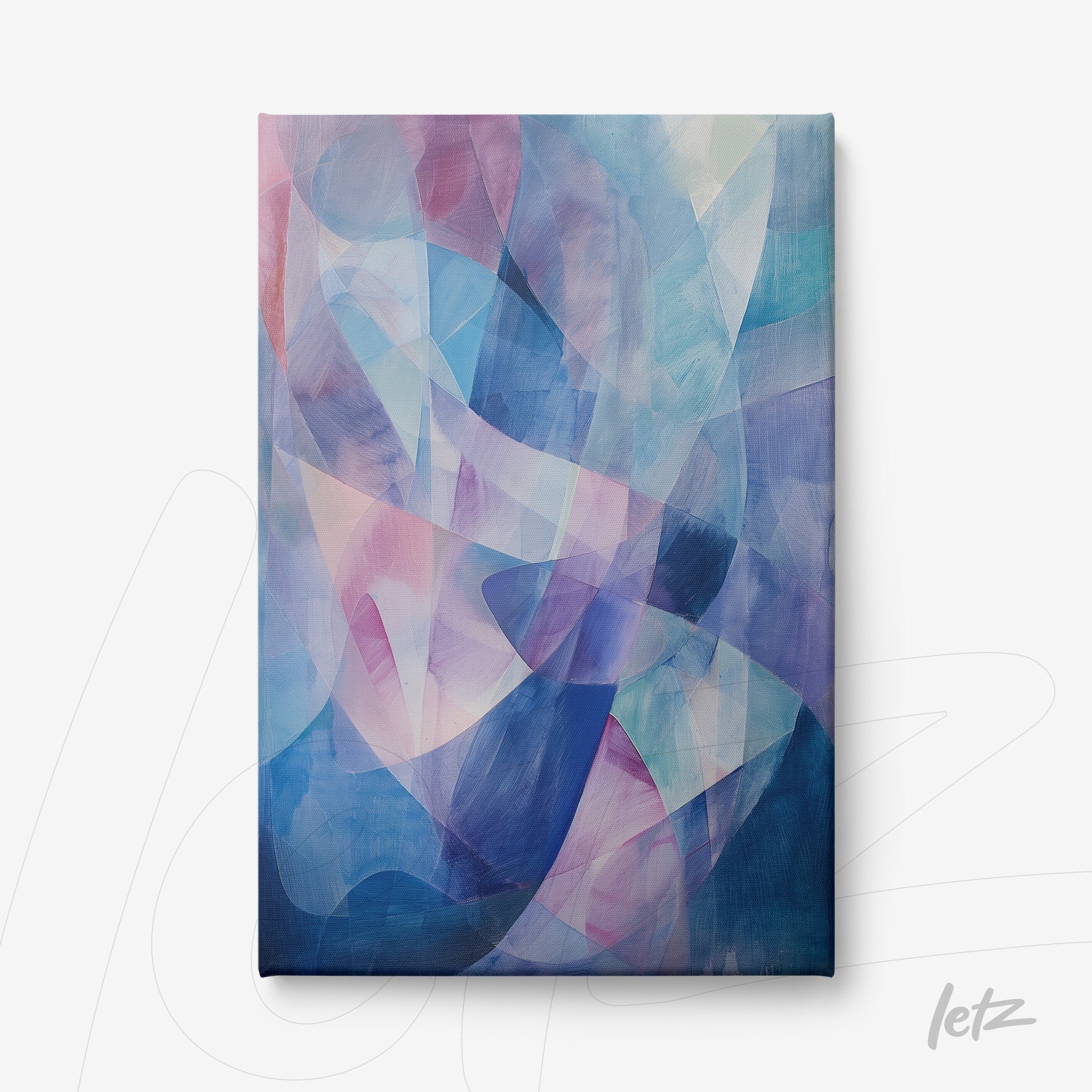 canvas art featuring abstract design in shades of blue, pink, and lavender with flowing shapes