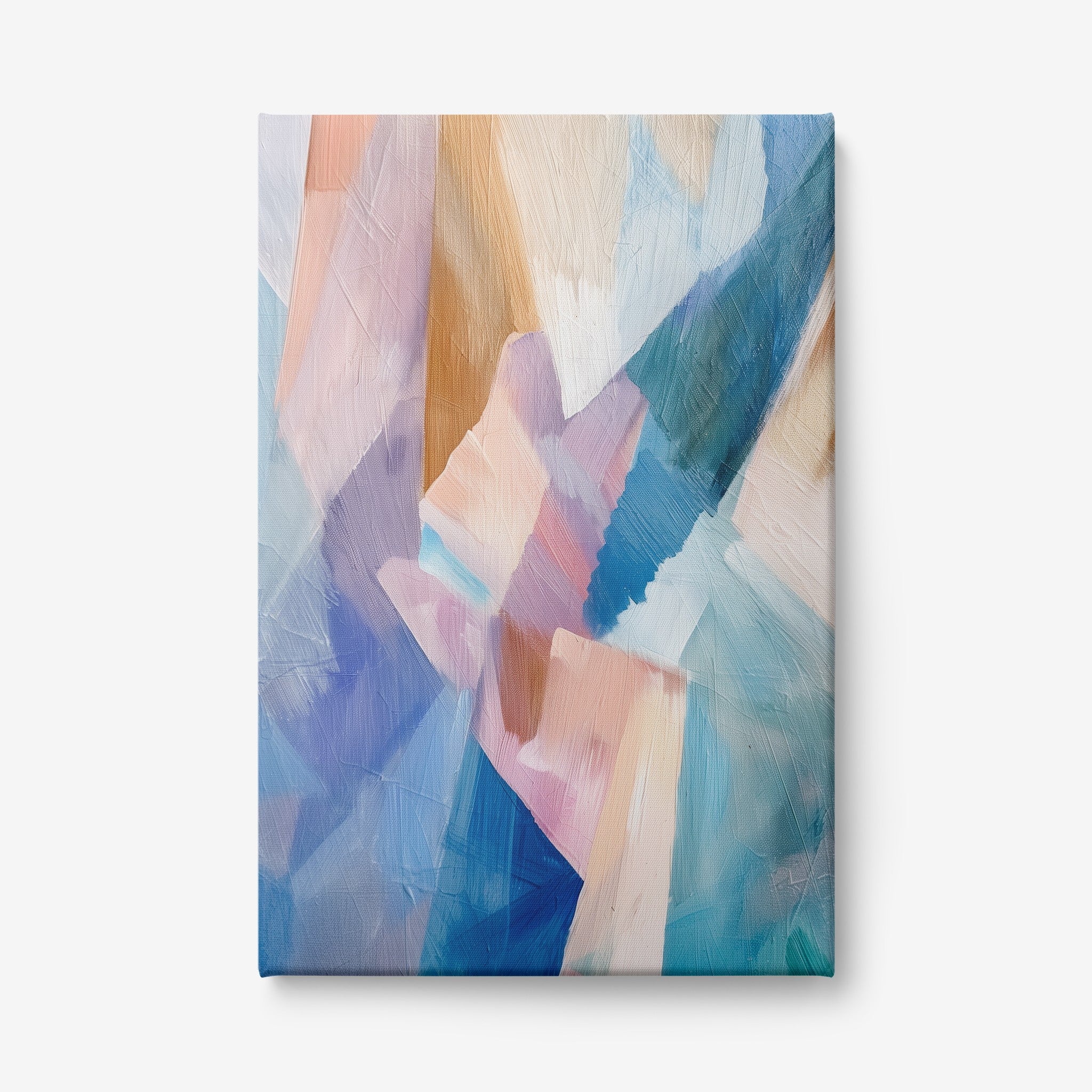 canvas print featuring abstract art with layered pastel tones highlighting blues, pinks, and oranges