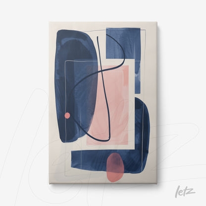 canvas artwork featuring abstract shapes in shades of blue and pink on a light background