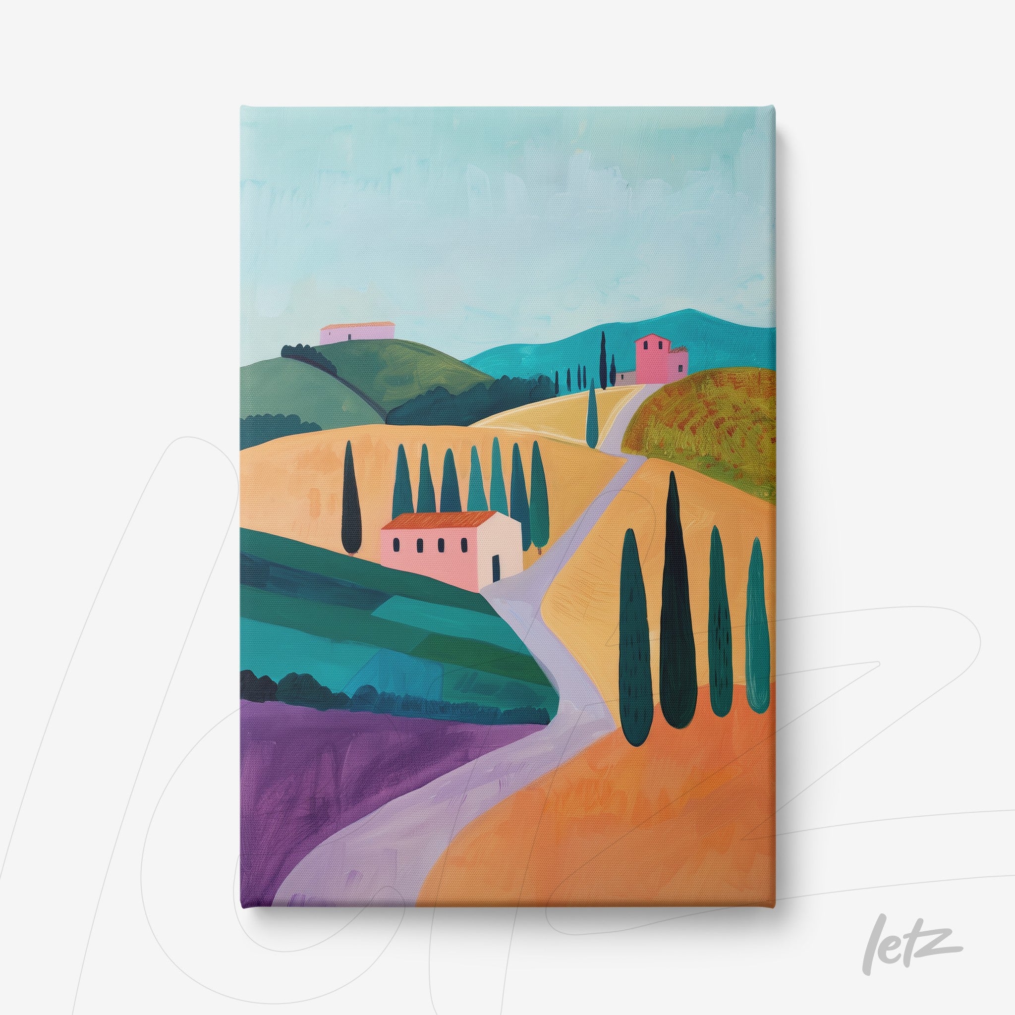 canvas print featuring a vibrant rural landscape with rolling hills, cypress trees, and colorful houses