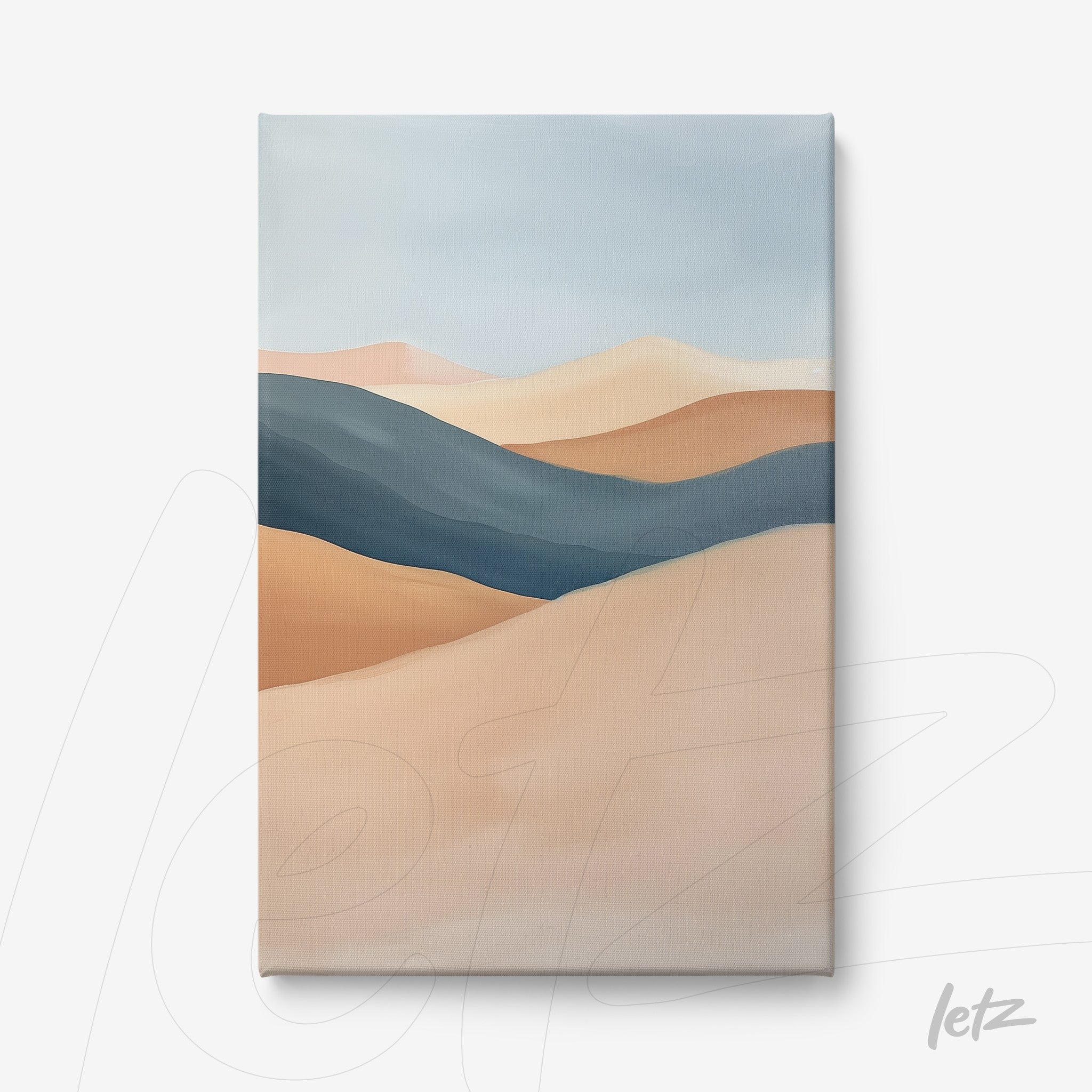 canvas art featuring an abstract desert landscape in shades of blue and terracotta