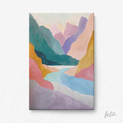 canvas art featuring an abstract landscape of pastel mountains and a winding river