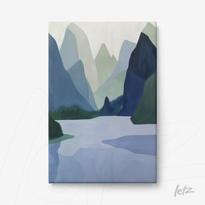 canvas print featuring a landscape of mountains in shades of blue and green over a serene lake
