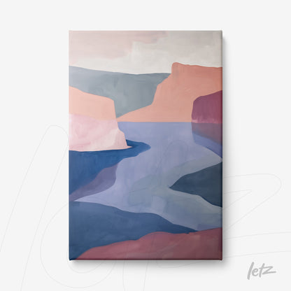 canvas print featuring an abstract landscape in soft shades of pink and blue, depicting mountains and a serene river