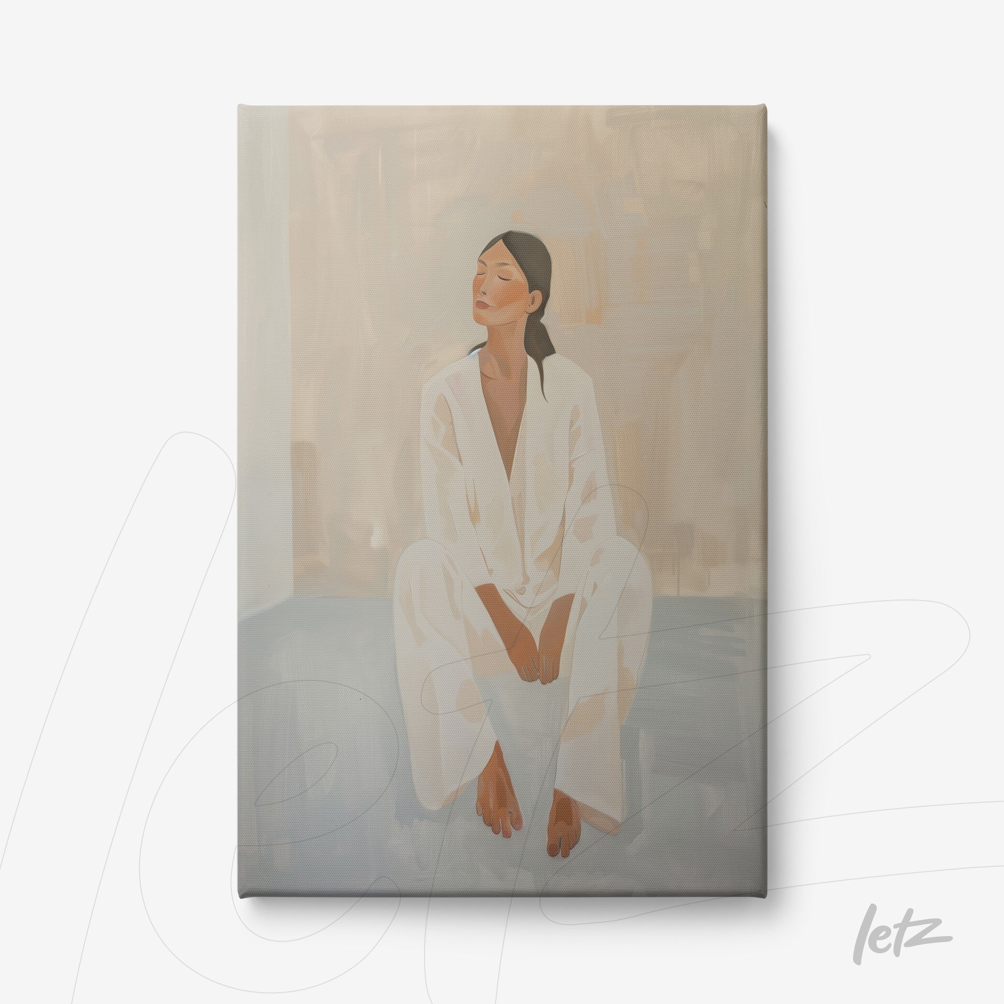 canvas print featuring an illustration of a seated woman in a contemplative pose wearing white attire, soft neutral tones background