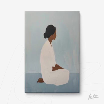 canvas artwork of a woman sitting in a contemplative pose, with a background in shades of blue and gray