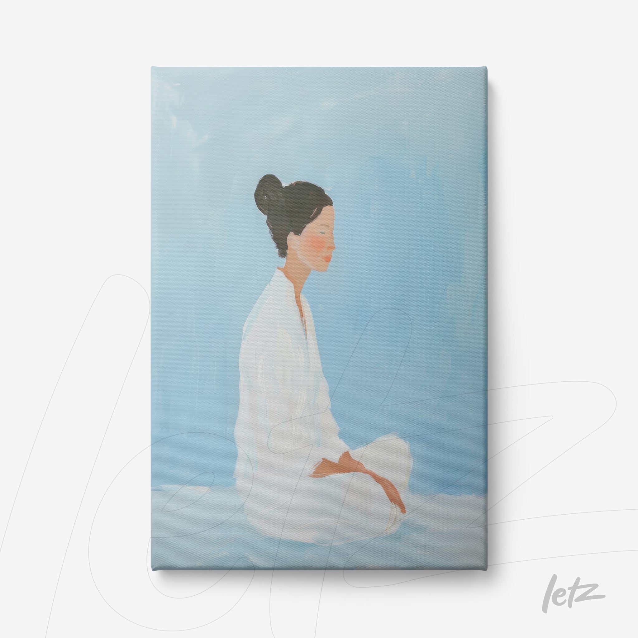 canvas artwork depicting a woman sitting in a meditative pose with a soft blue background