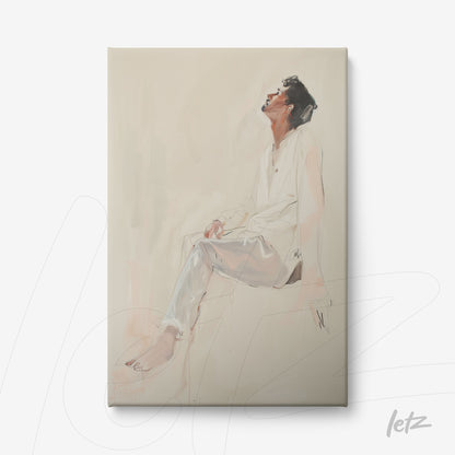 canvas art featuring a minimalist portrait of a man in a reflective pose wearing light clothing against a soft background