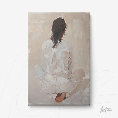 canvas art depicting a woman sitting with her back turned in neutral tones, wearing a white top and light-colored pants