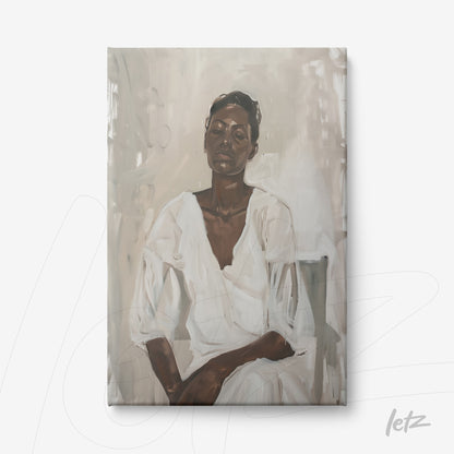 canvas artwork featuring a seated woman portrait against a neutral background with subtle brush strokes