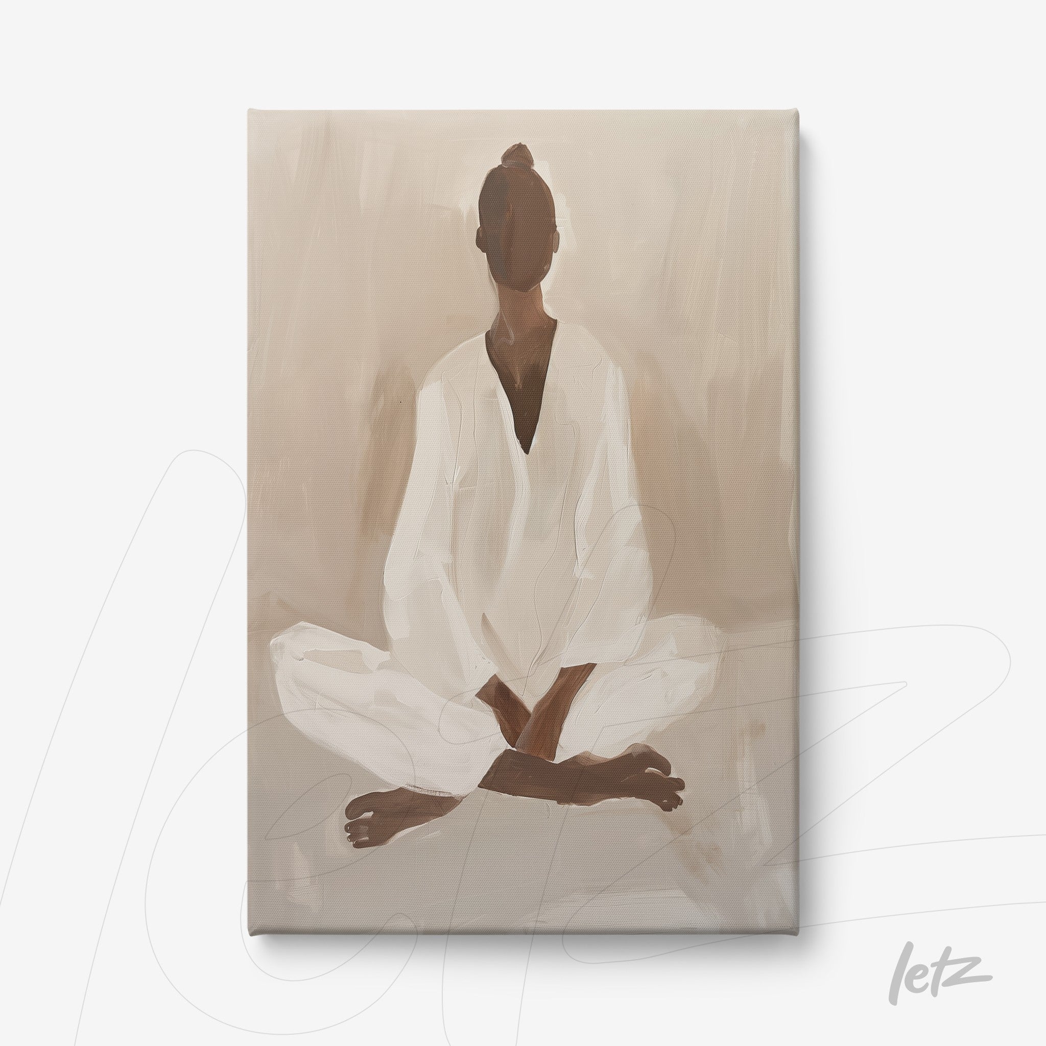 canvas artwork depicting a female figure in a meditative pose, with a neutral toned background and white clothing