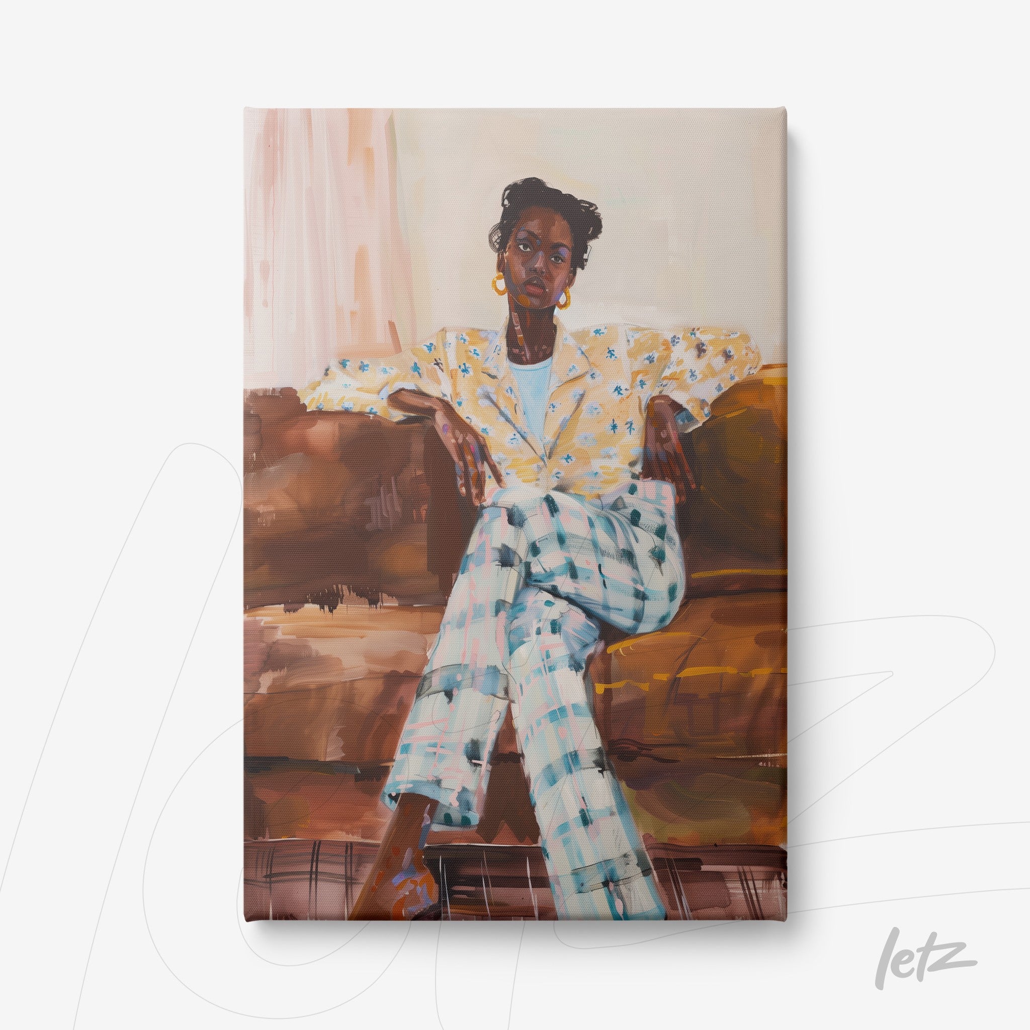 digital art of an African woman sitting on a couch, wearing a yellow floral blazer and checkered pants, with a soft earthy toned background