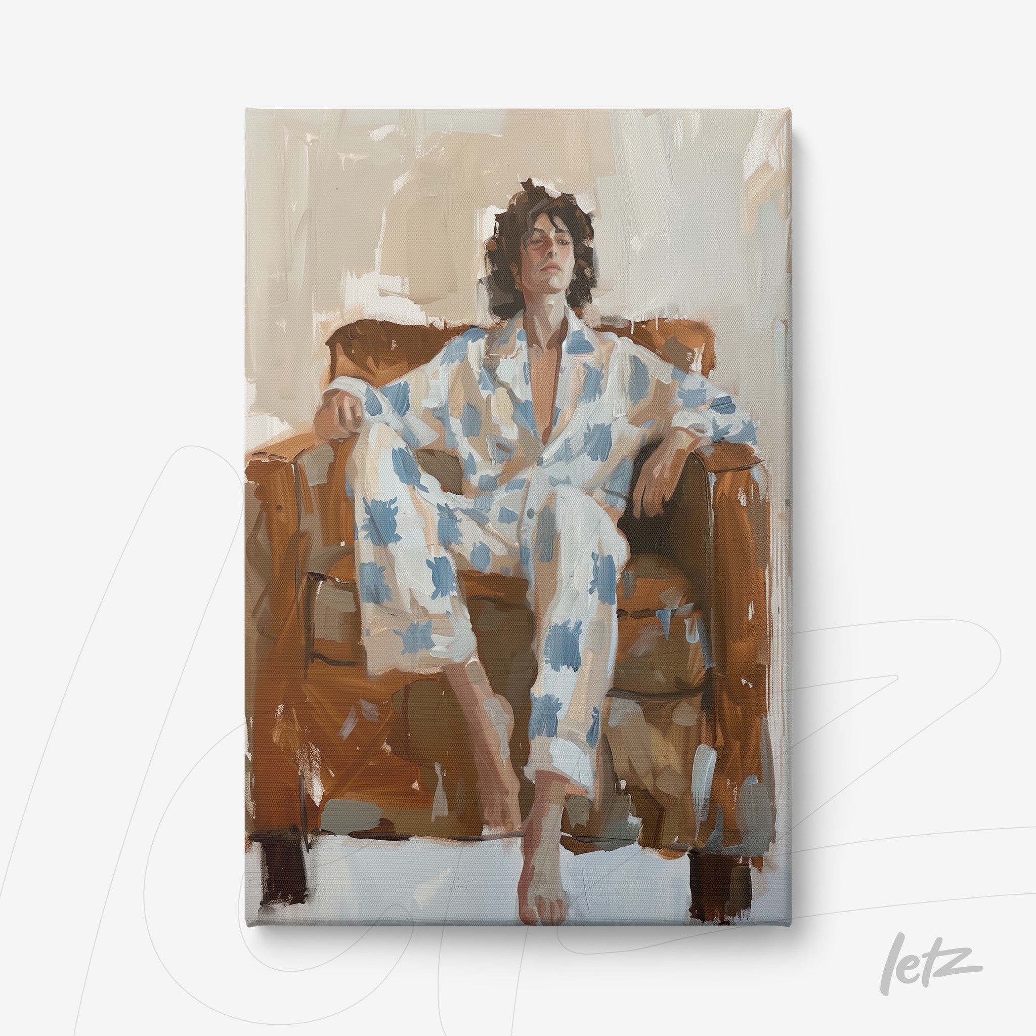 canvas print featuring a portrait of a man relaxing on a brown sofa wearing blue and white patterned pajamas